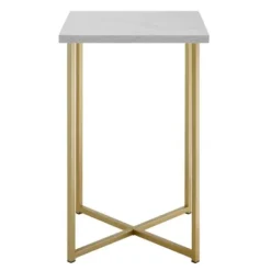 Accent & End Tables-Kirkland's Home White Faux Marble And Gold X-Base Accent Table