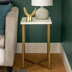 Accent & End Tables-Kirkland's Home White Faux Marble And Gold X-Base Accent Table