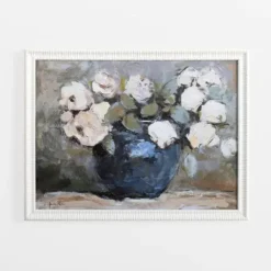 Framed Art-Kirkland's Home White Flowers In Blue Vase Framed Art Print Blue/White/Gray