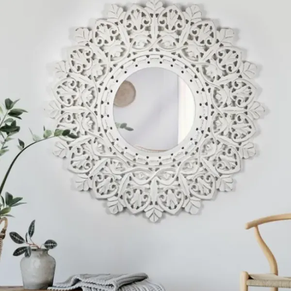 Decorative Mirrors-Kirkland's Home White Handcarved Mandala Circle Wall Mirror