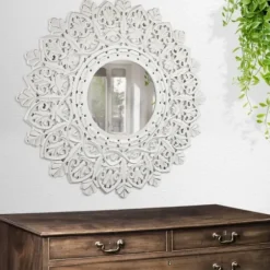Decorative Mirrors-Kirkland's Home White Handcarved Mandala Circle Wall Mirror
