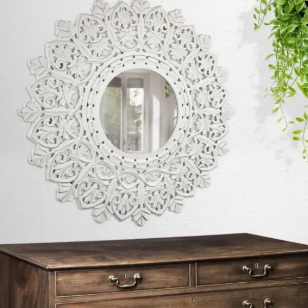 Decorative Mirrors-Kirkland's Home White Handcarved Mandala Circle Wall Mirror