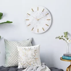 Clocks-Kirkland's Home White Marble And Gold Accent Wall Clock, 20 In.