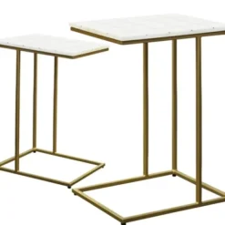 Accent & End Tables-Kirkland's Home White Marble And Gold Grid Accent Tables, Set Of 2 White/Gold