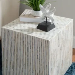 Accent & End Tables-Kirkland's Home White Mother Of Pearl Striped Side Table White/Ivory