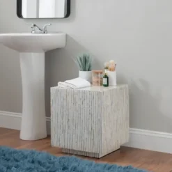Accent & End Tables-Kirkland's Home White Mother Of Pearl Striped Side Table White/Ivory