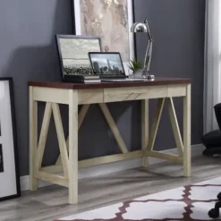 Office Furniture-Kirkland's Home White Oak Farmhouse A-Frame Desk With Brown Top