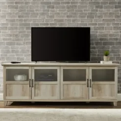 Tv Stands & Media Consoles-Kirkland's Home White Oak Glass Paneled Door Tv Stand Ivory