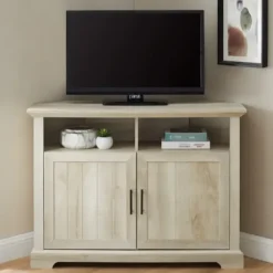 Tv Stands & Media Consoles-Kirkland's Home White Oak Grooved Door Corner Tv Stand Ivory