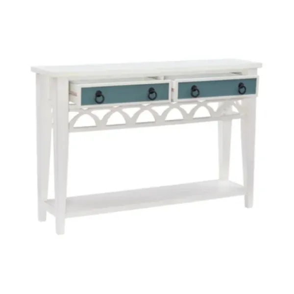 Console Tables-Kirkland's Home White Or Teal Paneled Fretwork Console Table White/Blue