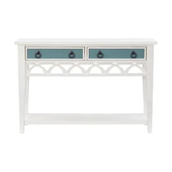 Console Tables-Kirkland's Home White Or Teal Paneled Fretwork Console Table White/Blue
