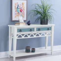 Console Tables-Kirkland's Home White Or Teal Paneled Fretwork Console Table White/Blue