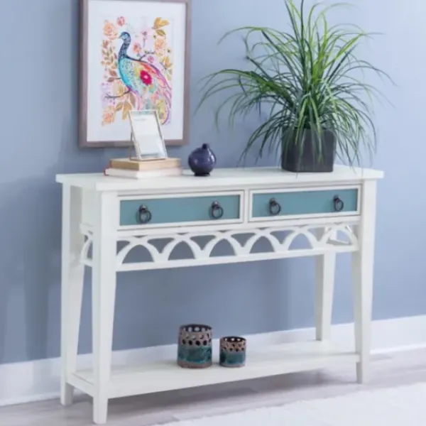 Console Tables-Kirkland's Home White Or Teal Paneled Fretwork Console Table White/Blue