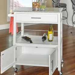 Kitchen Islands & Bar Carts-Kirkland's Home White Parker Granite Top Rolling Kitchen Cart