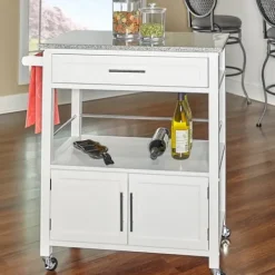 Kitchen Islands & Bar Carts-Kirkland's Home White Parker Granite Top Rolling Kitchen Cart