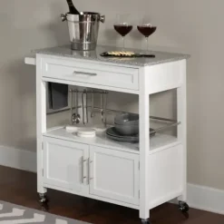 Kitchen Islands & Bar Carts-Kirkland's Home White Parker Granite Top Rolling Kitchen Cart
