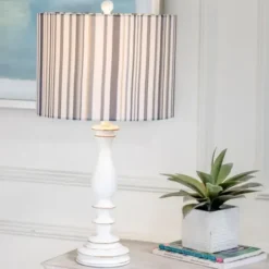Table Lamps-Kirkland's Home White Resin Table Lamp With Blue Stripe Shade White/Blue