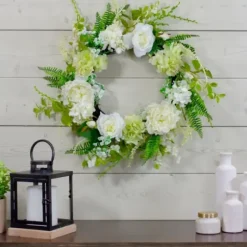 Wreaths-Kirkland's Home White Roses And Geraniums Wreath Green/White