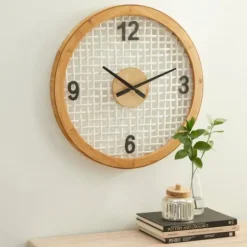 Clocks-Kirkland's Home White Rustic Woven Farmhouse Wall Clock