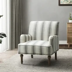 Accent Chairs-Kirkland's Home White Stripe Upholstered Accent Chair Gray