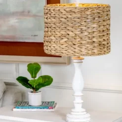 Table Lamps-Kirkland's Home White Table Lamp With Hand Woven Raffia Shade White/Brown