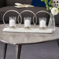 Candle Holders-Kirkland's Home White Terrazzo Candle Holder Runner White/Silver