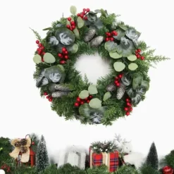 Wreaths-Kirkland's Home White Tip Pinecone And Eucalyptus Wreath Green/White/Red