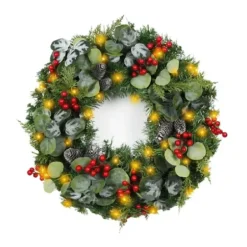 Wreaths-Kirkland's Home White Tip Pinecone And Eucalyptus Pre-Lit Wreath Green/White/Red