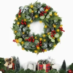 Wreaths-Kirkland's Home White Tip Pinecone And Eucalyptus Pre-Lit Wreath Green/White/Red
