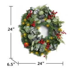 Wreaths-Kirkland's Home White Tip Pinecone And Eucalyptus Pre-Lit Wreath Green/White/Red