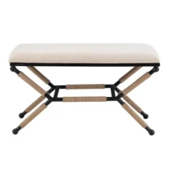 Dining Chairs-Kirkland's Home White Upholstered And Wrapped Rope Metal Bench White/Black/Tan