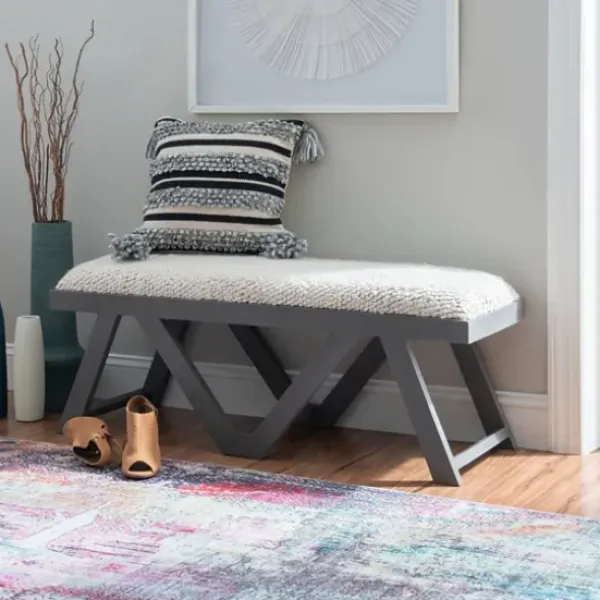 Benches & Ottomans-Kirkland's Home White Upholstered Seat And Blue Wood Bench Blue/White