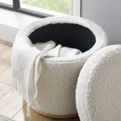 Benches & Ottomans-Kirkland's Home White Upholstered Wood Trim Ottoman White/Tan