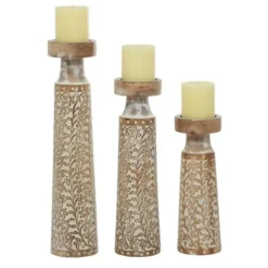 Candle Holders-Kirkland's Home White Washed Floral Wood Candle Holders, Set Of 3 White/Brown