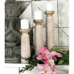 Candle Holders-Kirkland's Home White Washed Floral Wood Candle Holders, Set Of 3 White/Brown