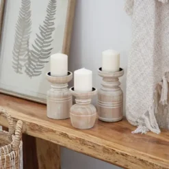 Candle Holders-Kirkland's Home White Washed Wood Carved Candle Holders, Set Of 3 White/Brown/Tan