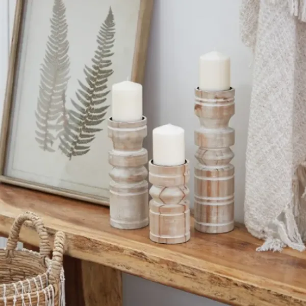 Candle Holders-Kirkland's Home White Washed Wood Column Candle Holders, Set Of 3 White/Brown/Tan
