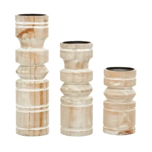 Candle Holders-Kirkland's Home White Washed Wood Column Candle Holders, Set Of 3 White/Brown/Tan