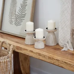 Candle Holders-Kirkland's Home White Washed Wood Cone Candle Holders, Set Of 3 White/Brown/Tan