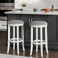 Bar Stools & Counter Height Stools-Kirkland's Home White Wood Linen Upholstered 2-Pc. Bar Stool Set Gray