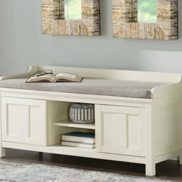 Benches & Ottomans-Kirkland's Home White Wood Upholstered Storage Bench White/Gray