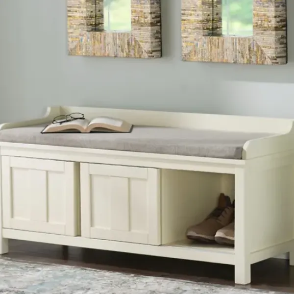 Benches & Ottomans-Kirkland's Home White Wood Upholstered Storage Bench White/Gray