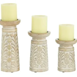 Candle Holders-Kirkland's Home Whitewashed Brown Carved Candle Holders, Set Of 3 White/Brown