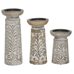 Candle Holders-Kirkland's Home Whitewashed Brown Carved Candle Holders, Set Of 3 White/Brown