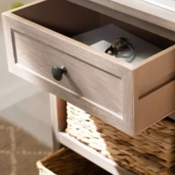 Accent & End Tables-Kirkland's Home Whitewashed Brown Wood Side Table With Baskets White/Brown