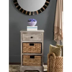 Accent & End Tables-Kirkland's Home Whitewashed Brown Wood Side Table With Baskets White/Brown