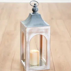Lanterns-Kirkland's Home Whitewashed New Hampshire Lantern, 17 In. White/Gray
