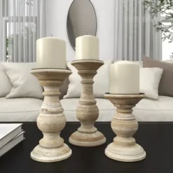 Candle Holders-Kirkland's Home Whitewashed Rustic 3-Pc. Candle Holder Set White/Tan