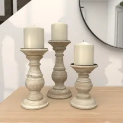 Candle Holders-Kirkland's Home Whitewashed Rustic 3-Pc. Candle Holder Set White/Tan