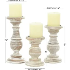 Candle Holders-Kirkland's Home Whitewashed Rustic 3-Pc. Candle Holder Set White/Tan
